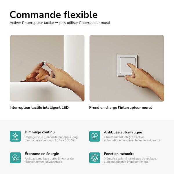 EMKE - EMKE Miroir LED Salle de Bain 60 x 80 cm,  Antibuée, Interrupteur Tactile,  Intensité réglable, Blanc Froid - large