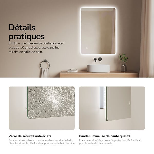 EMKE - EMKE Miroir LED Salle de Bain 60 x 80 cm,  Antibuée, Interrupteur Tactile,  Intensité réglable, Blanc Froid - large