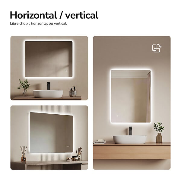 EMKE - EMKE Miroir LED Salle de Bain 60 x 80 cm,  Antibuée, Interrupteur Tactile,  Intensité réglable, Blanc Froid - large