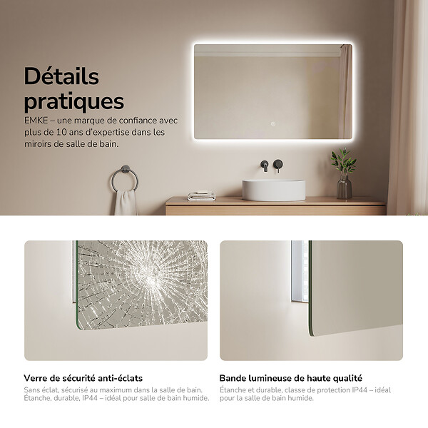 EMKE - EMKE Miroir LED Salle de Bain 60 x 100 cm,  Miroir LED avec Interrupteur Tactile,  Intensité réglable, Blanc Froid - large