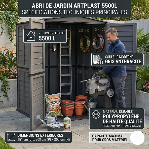 ARTPLAST - Abri de Jardin Extérieur 5500L Gris Anthracite - Polypropylène 151x208x200 - Cabanon de jardin Plancher intégré ARTPLAST - large
