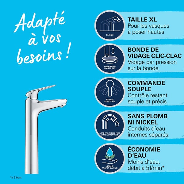 GROHE - Mitigeur lavabo Swift avec vidage Push open chromé XL - large