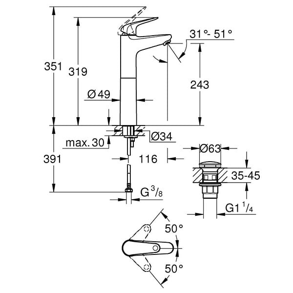 GROHE - Mitigeur lavabo Swift avec vidage Push open chromé XL - large