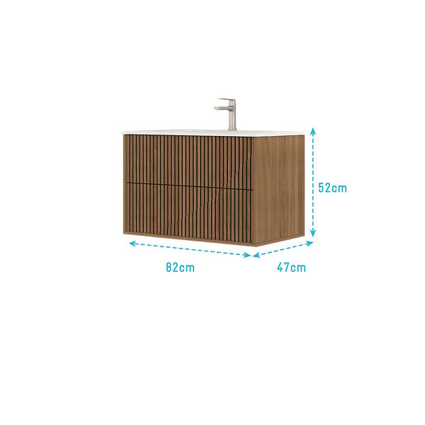 AURLANE - Meuble Salle de Bains 80cm 2 Tiroirs Décor Chêne et Noir Cranté - Vasque Blanche Mate - YUKI - large
