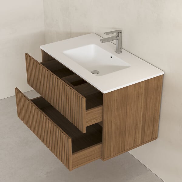 AURLANE - Meuble Salle de Bains 80cm 2 Tiroirs Décor Chêne et Noir Cranté - Vasque Blanche Mate - YUKI - large