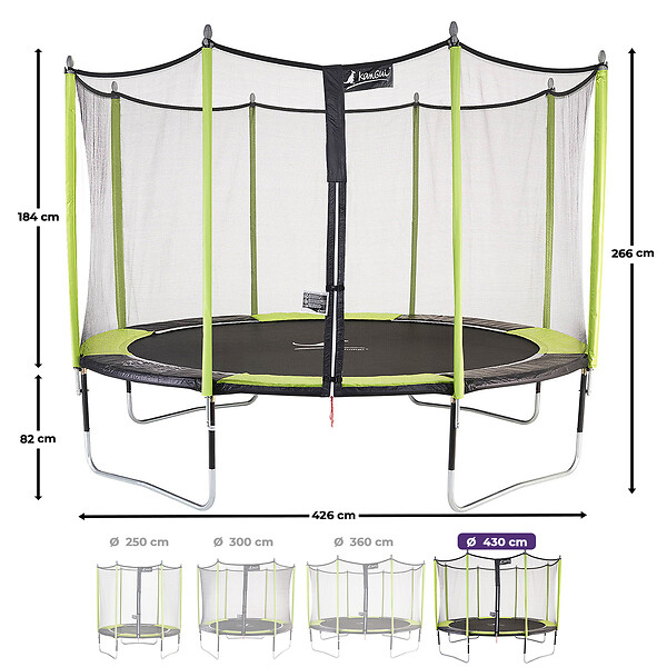 KANGUI - Trampoline jardin Ø 430 cm + filet + échelle - JUMPI 430 - Noir/Vert - large