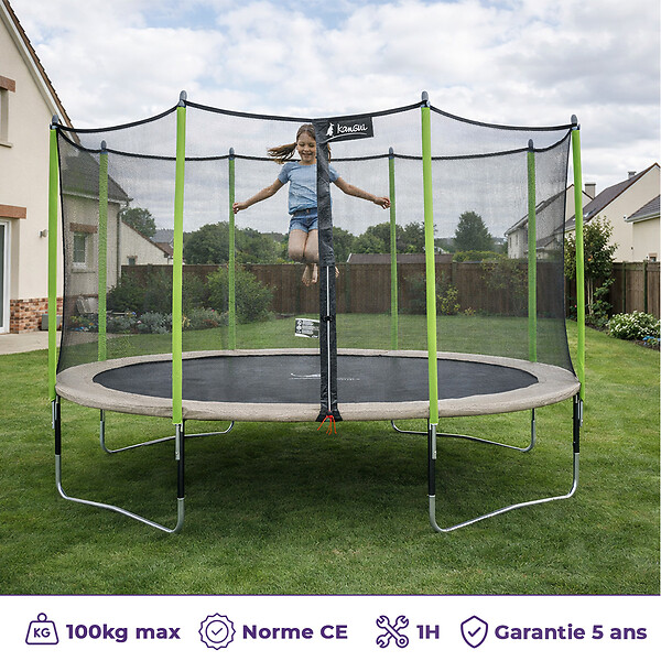 KANGUI - Trampoline jardin Ø 430 cm + filet + échelle - JUMPI 430 - Taupe/Vert - large