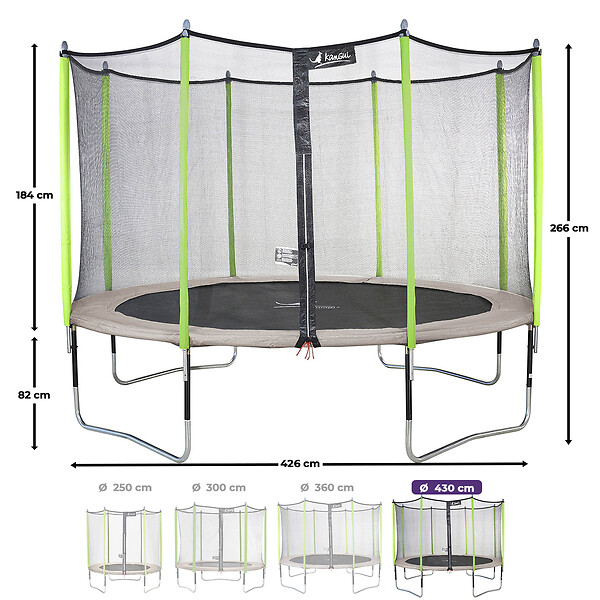 KANGUI - Trampoline jardin Ø 430 cm + filet + échelle - JUMPI 430 - Taupe/Vert - large