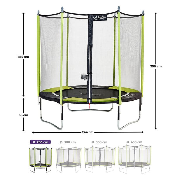 KANGUI - Trampoline jardin Ø 250 cm + filet + échelle - JUMPI 250 - Noir/Vert - large