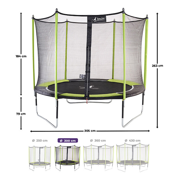 KANGUI - Trampoline jardin Ø 300 cm + filet + échelle - JUMPI 300 - Noir/Vert - large