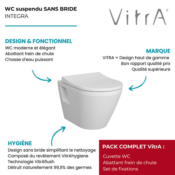 VITRA - Cuvette WC suspendu sans bride VitrA Integra blanc avec abattant frein de chute - large