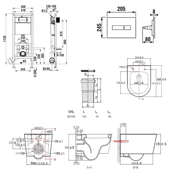 ROCA - Pack WC suspendu complet avec bâti-support Roca, cuvette design sans bride et abattant soft-close - large