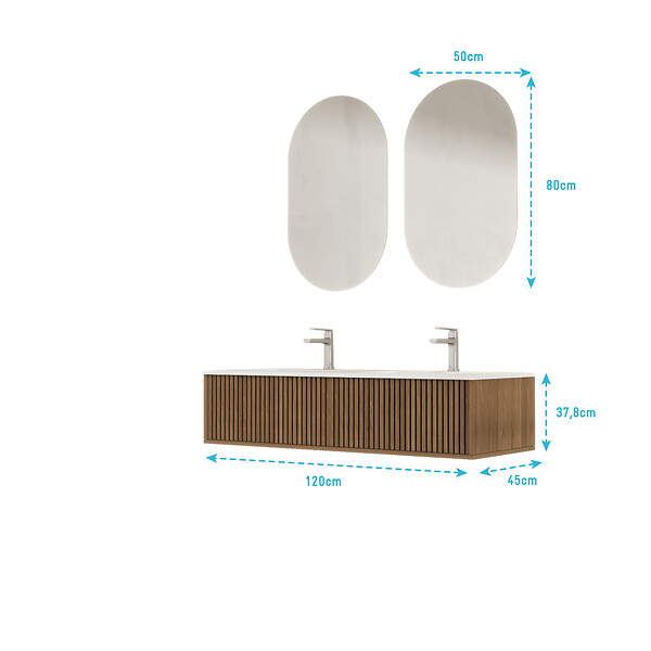 AURLANE - Meuble Salle de Bains YUKI 120 2 Tiroirs Décor Chêne et Noir - Vasque Blanche - Miroirs Ovales 50x80 - large