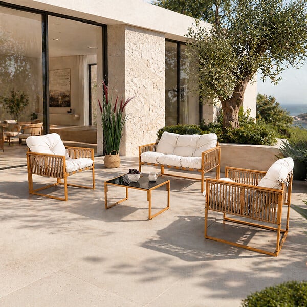 CONCEPT USINE - Salon de jardin 4 places effet rotin coussins blancs TURINI - large