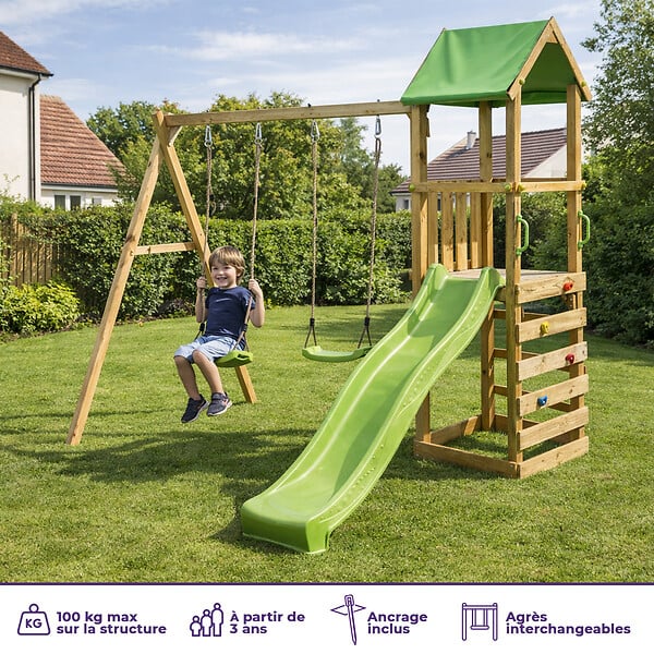KANGUI - Aire de jeux bois enfant : plateforme 120 cm avec toboggan WALLI - large