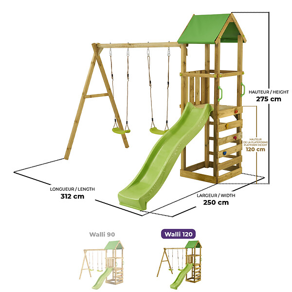 KANGUI - Aire de jeux bois enfant : plateforme 120 cm avec toboggan WALLI - large