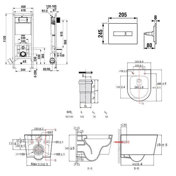 ROCA - Pack WC suspendu complet avec bâti-support Roca, cuvette compacte sans bride et abattant soft-close - large