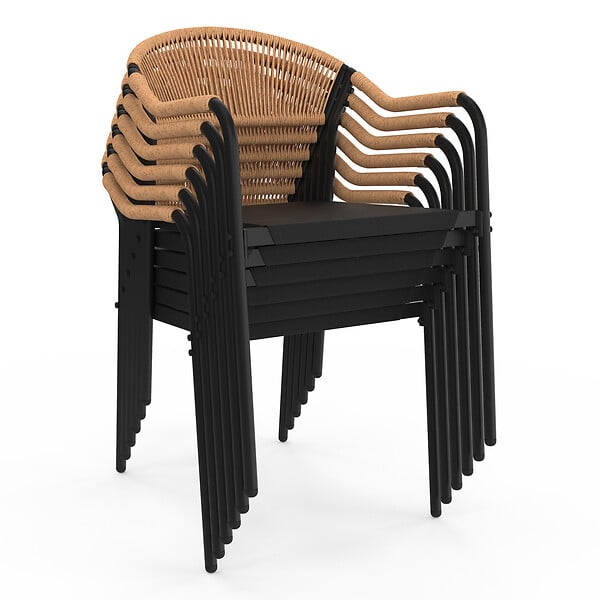 ID MARKET - Salon de jardin MADEIRA table 150 cm et 6 chaises cordage et textilène noir et rotin clair - large