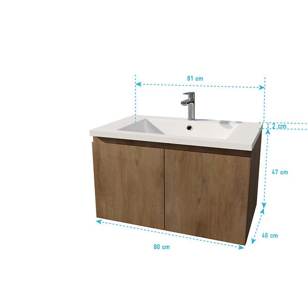 AURLANE - Meuble de salle de bains 80cm à Suspendre Décor Bois Clair - 2 Portes - Vasque Blanche - ELEMENTARY - large