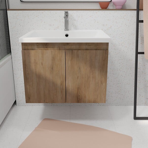 AURLANE - Meuble de salle de bains 60cm à Suspendre Décor Bois Clair - 2 Portes - Vasque Blanche - ELEMENTARY - large