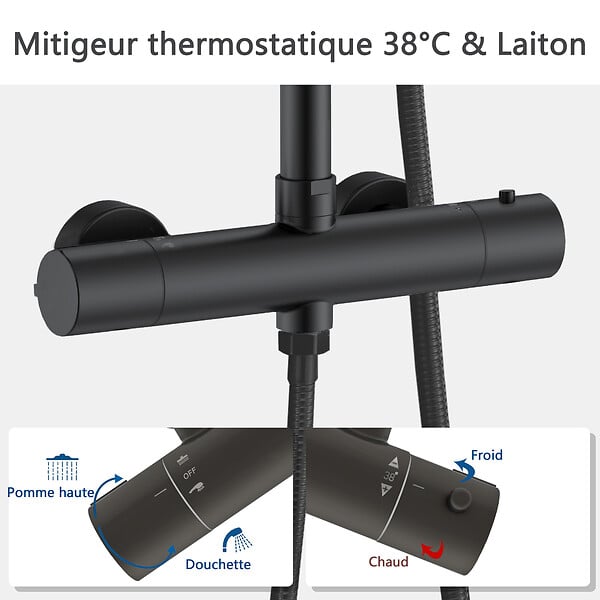 AICA SANITAIRE - Colonne de douche thermostatique 38°C- Laiton- Chromé- Noir - large