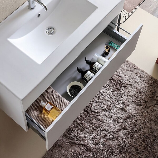 KIAMAMI VALENTINA - Meuble De Salle De Bain Suspendu 100 Cm Avec Tiroir Blanc Effect Bois | Sole - large