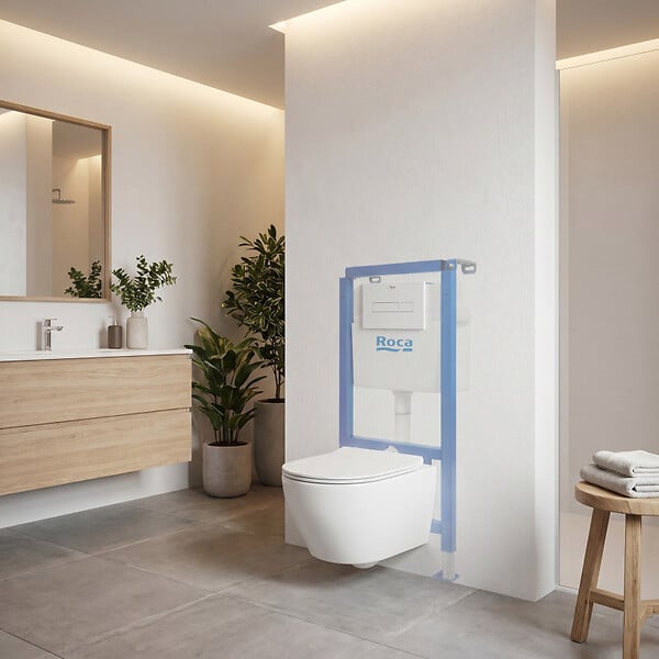 ROCA - Pack WC bâti-support + WC suspendu sans bride Swiss Aqua Technologies avec abattant SoftClose + plaque (ROSTINWR04-FR) - large