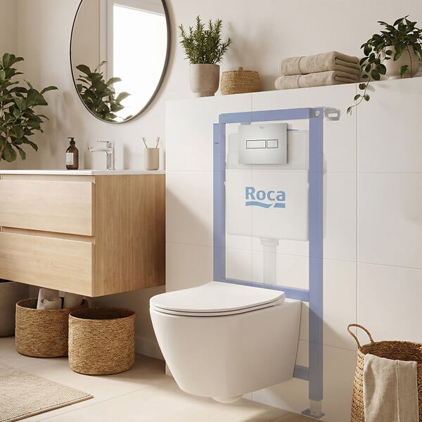 ROCA - Pack WC bâti-support + WC suspendu sans bride Swiss Aqua Technologies avec abattant SoftClose + plaque (ROSTINWR05-FR) - large