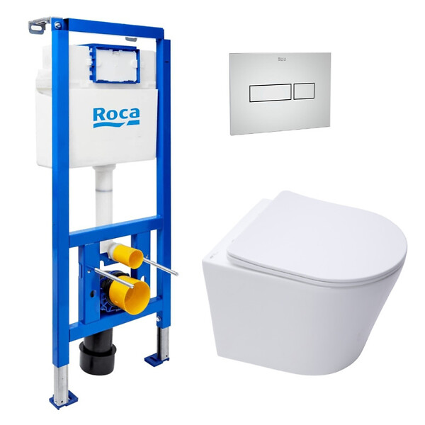 ROCA - Pack WC bâti-support + WC suspendu sans bride Swiss Aqua Technologies avec abattant SoftClose + plaque (ROSTINWR05-FR) - large
