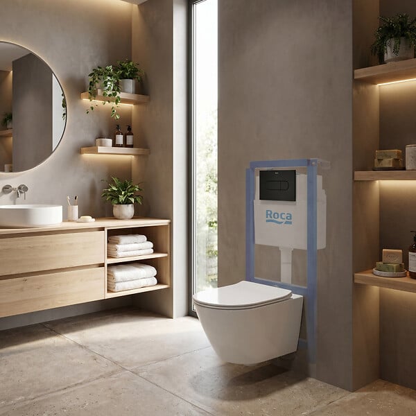 ROCA - Pack WC bâti-support + WC suspendu sans bride Swiss Aqua Technologies avec abattant SoftClose + plaque (ROSTINWR03-FR) - large