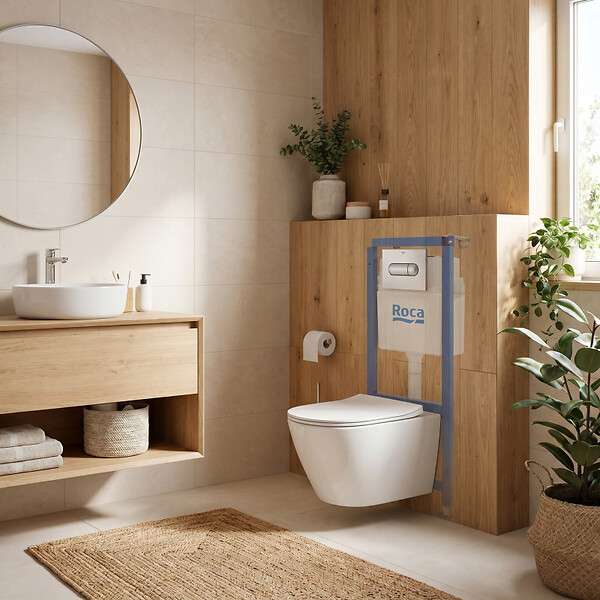 ROCA - Pack WC bâti-support + WC suspendu sans bride Swiss Aqua Technologies avec abattant SoftClose + plaque (ROSTINWR02-FR) - large