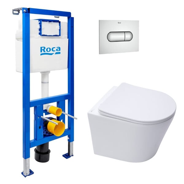 ROCA - Pack WC bâti-support + WC suspendu sans bride Swiss Aqua Technologies avec abattant SoftClose + plaque (ROSTINWR02-FR) - large