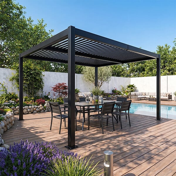 CONCEPT USINE - Pergola bioclimatique structure et lames orientables en aluminium noir 4x3m RHODES - large