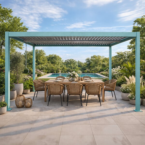 CONCEPT USINE - Pergola bioclimatique structure et lames orientables en aluminium vert 4x3m RHODES - large