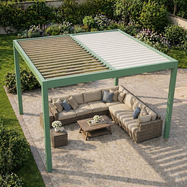 CONCEPT USINE - Pergola bioclimatique structure et lames orientables en aluminium vert 3x3m RHODES - large