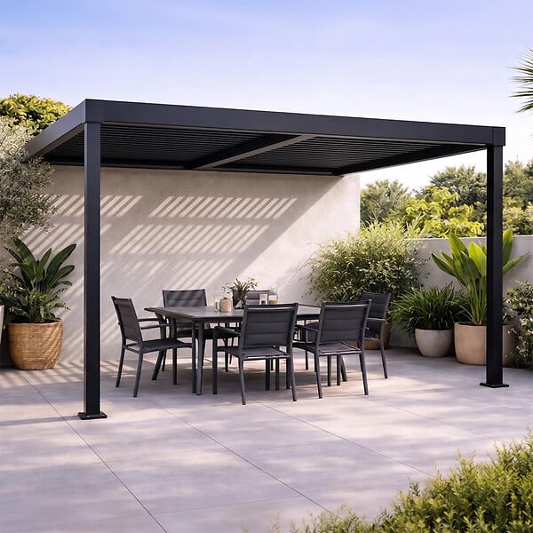 CONCEPT USINE - Pergola bioclimatique adossée en aluminium noir 3x3m SIFNOS - large