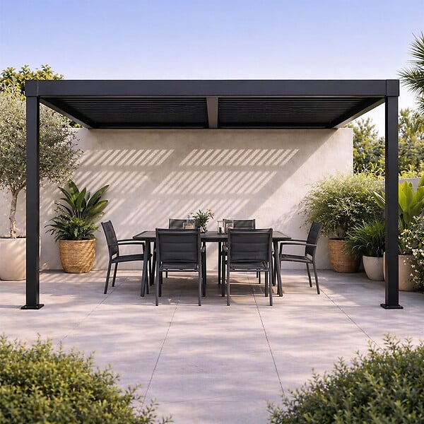 CONCEPT USINE - Pergola bioclimatique adossée en aluminium noir 3x3m SIFNOS - large