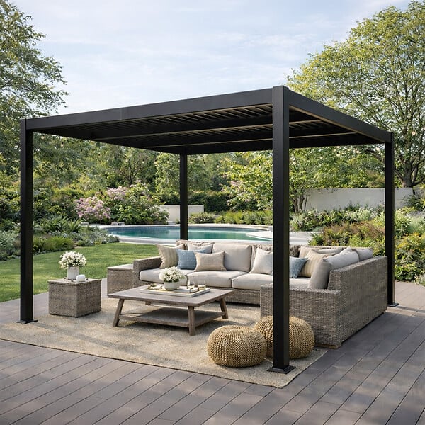 CONCEPT USINE - Pergola bioclimatique aluminium et acier lames orientables 3x3m CORFU - large