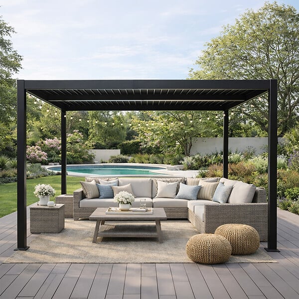 CONCEPT USINE - Pergola bioclimatique aluminium et acier lames orientables 3x3m CORFU - large