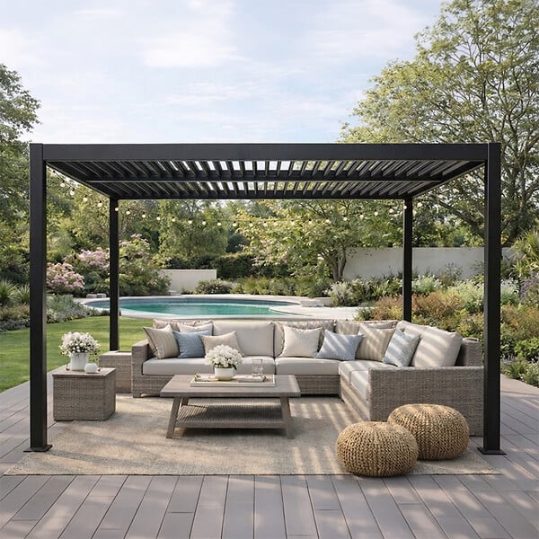 CONCEPT USINE - Pergola bioclimatique aluminium et acier lames orientables 3x3m CORFU - large