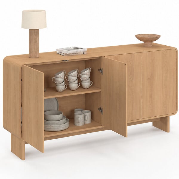 ID MARKET - Buffet 160 cm CAPUCINE XXL 4 portes façon hêtre design arrondi - large