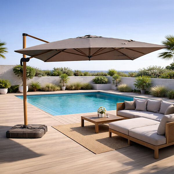 CONCEPT USINE - Parasol rectangulaire 3x4m déporté rotatif gris pied effet bois en aluminium CESARE - large