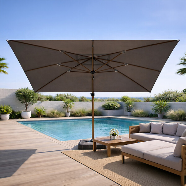 CONCEPT USINE - Parasol rectangulaire 3x4m déporté rotatif gris pied effet bois en aluminium CESARE - large