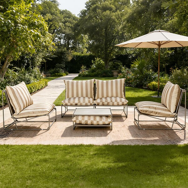 CONCEPT USINE - Salon de jardin 4 places à rayures taupe et beige avec table basse ANDRIA - large