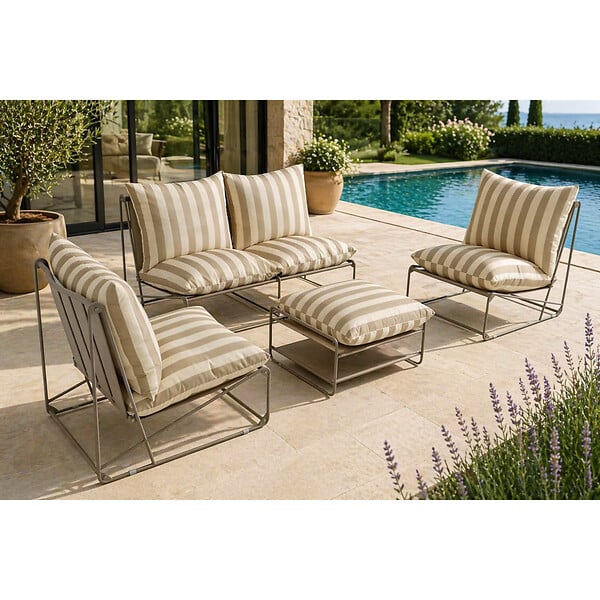 CONCEPT USINE - Salon de jardin 4 places à rayures taupe et beige avec table basse ANDRIA - large