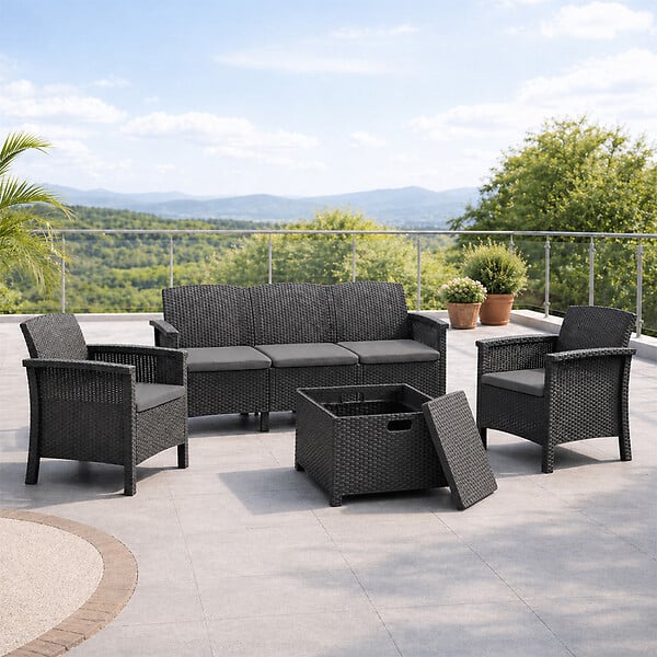 CONCEPT USINE - Salon de jardin 5 places effet résine tressée gris anthracite avec table basse MANIZA - large