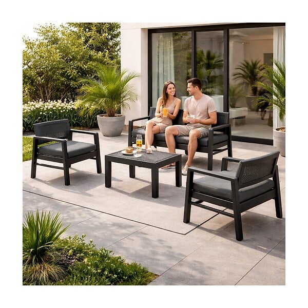 KZ GARDEN - Salon de jardin Extérieur 4 personnes Gris Anthracite Canapé 2 places + 2 fauteuils + Table basse + 4 Coussins KZ GARDEN - large