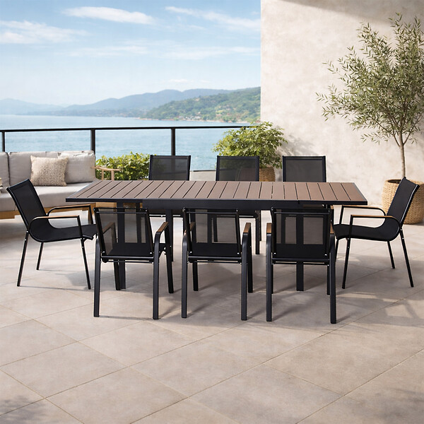 CONCEPT USINE - Salon de jardin 8 places avec table extensible 270cm en aluminium et bois LOBOC - large