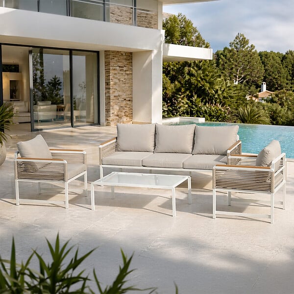 CONCEPT USINE - Salon de jardin 5 places avec table basse gris clair SOLOMON - large