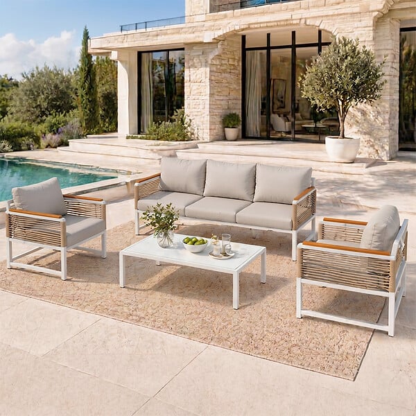 CONCEPT USINE - Salon de jardin 5 places avec table basse gris clair SOLOMON - large